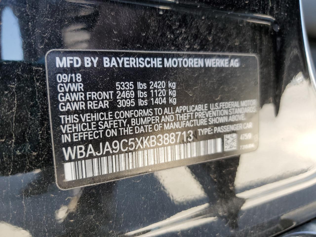 2019 BMW 530E VIN: WBAJA9C5XKB388713 Lot: 51019565