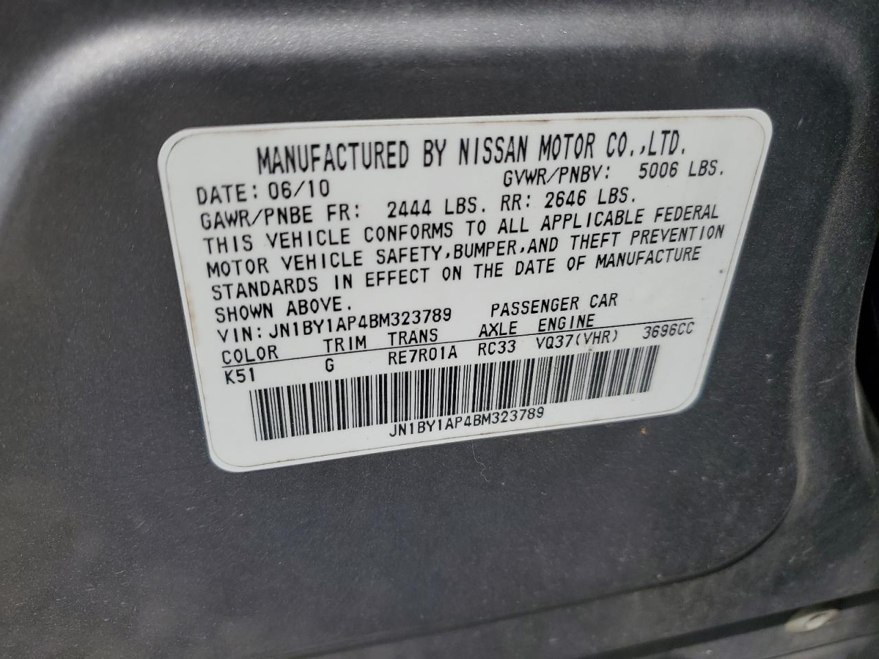 2011 Infiniti M37 VIN: JN1BY1AP4BM323789 Lot: 54903435