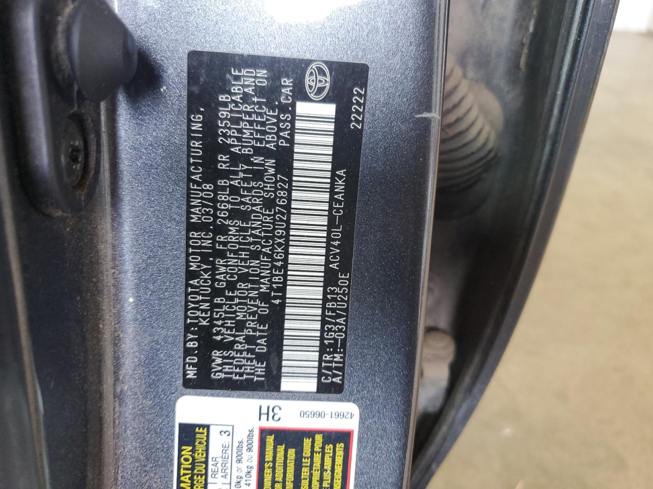 2009 Toyota Camry Base VIN: 4T1BE46KX9U276827 Lot: 54092355