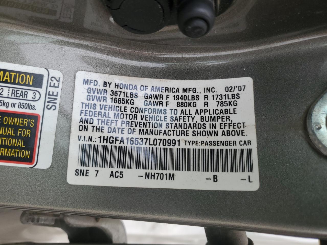 2007 Honda Civic Lx VIN: 1HGFA16537L070991 Lot: 53916505