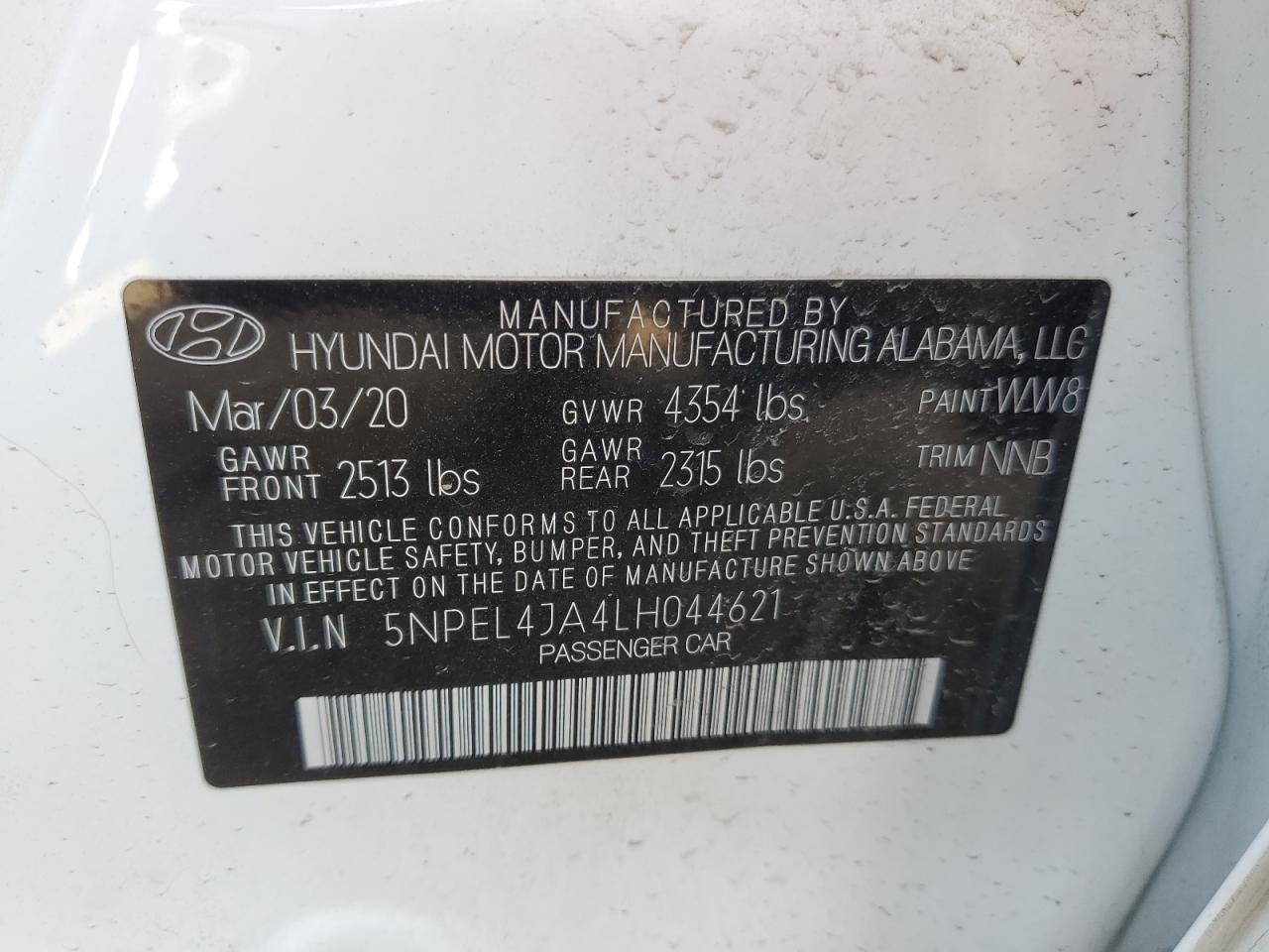 2020 Hyundai Sonata Sel VIN: 5NPEL4JA4LH044621 Lot: 53133065