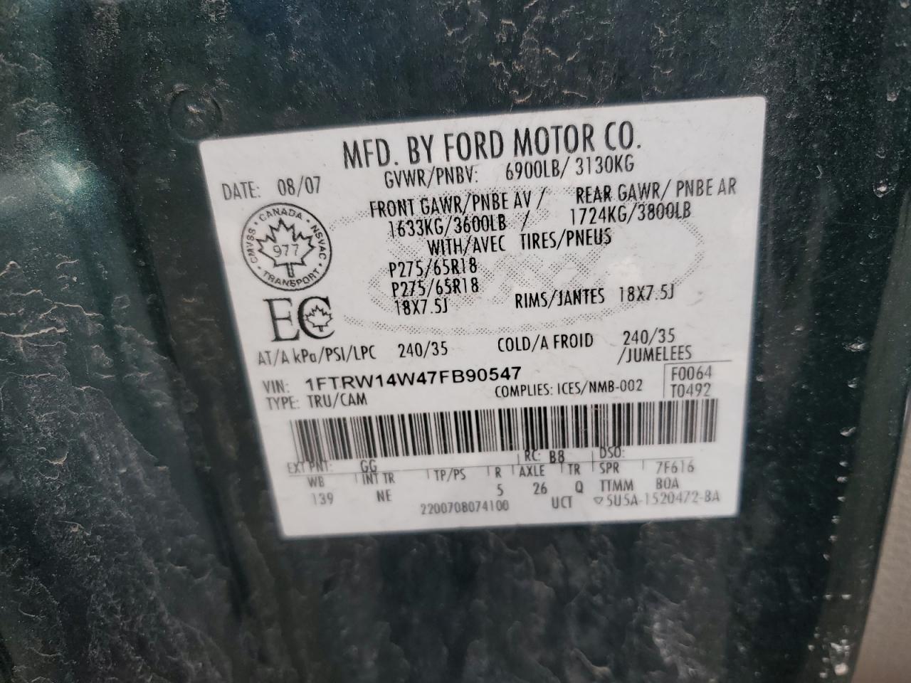 2007 Ford F150 Supercrew VIN: 1FTRW14W47FB90547 Lot: 51981205