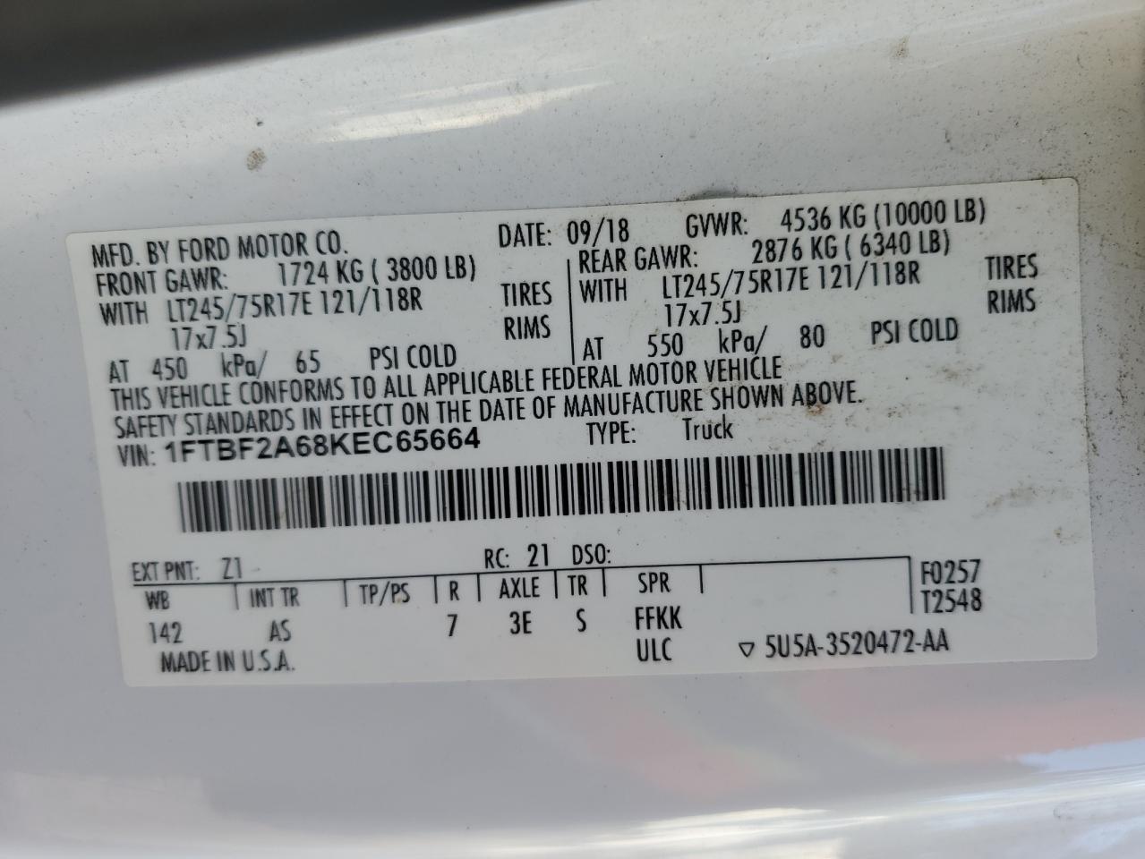 2019 Ford F250 Super Duty VIN: 1FTBF2A68KEC65664 Lot: 52340065