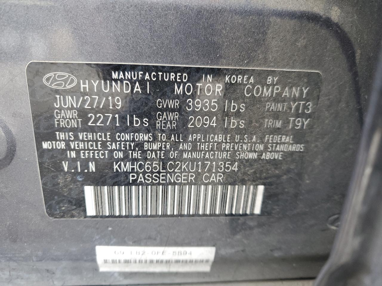 2019 Hyundai Ioniq Blue VIN: KMHC65LC2KU171354 Lot: 53632165