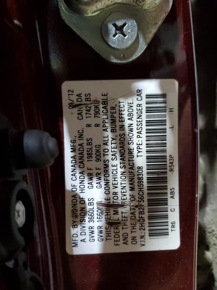 2012 Honda Civic Lx VIN: 2HGFB2F56CH598308 Lot: 51110635