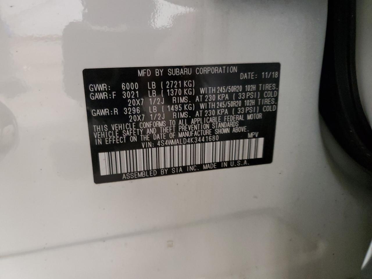 2019 Subaru Ascent Limited VIN: 4S4WMALD4K3441680 Lot: 51901065