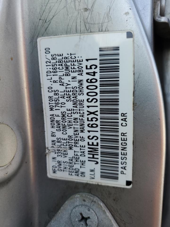 2001 Honda Civic Lx VIN: JHMES165X1S006451 Lot: 53641795