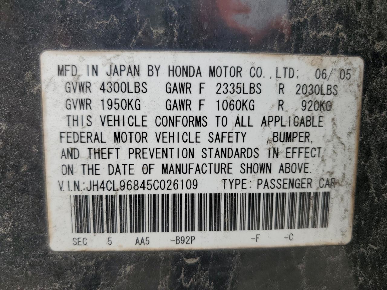 2005 Acura Tsx VIN: JH4CL96845C026109 Lot: 55105495