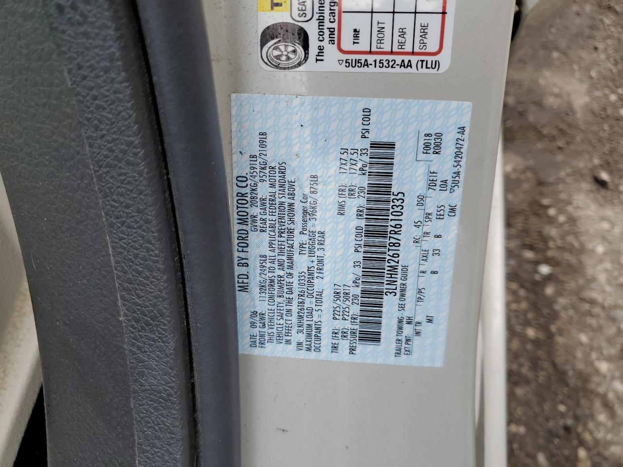 2007 Lincoln Mkz VIN: 3LNHM26T87R610335 Lot: 53484035