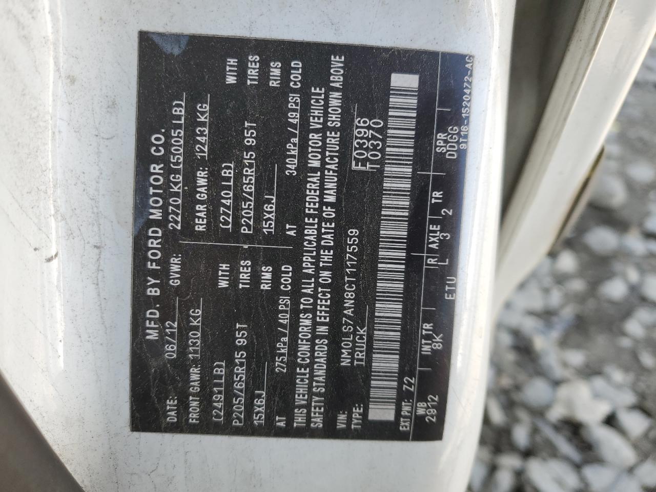 2012 Ford Transit Connect Xl VIN: NM0LS7AN8CT117559 Lot: 56550865