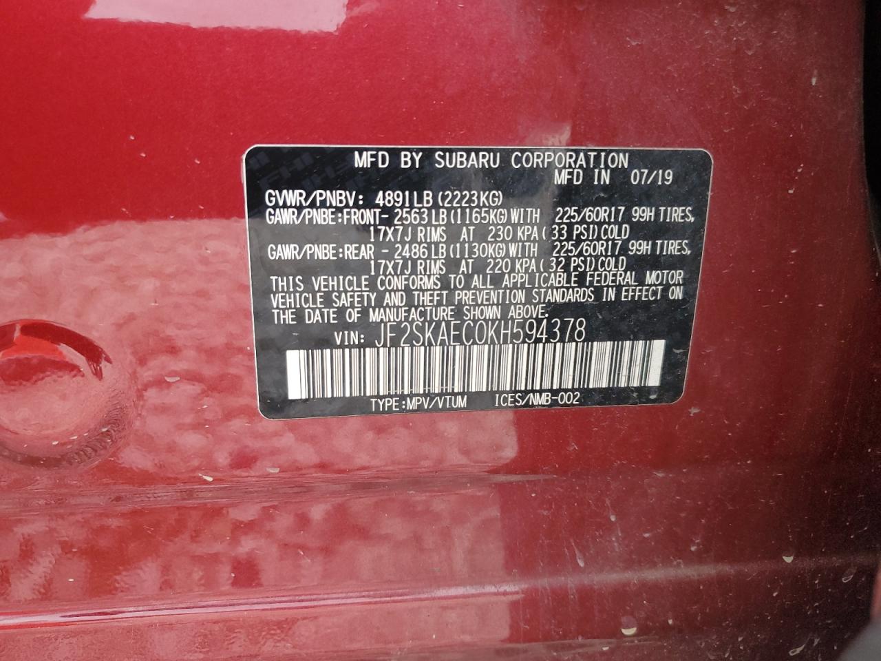 2019 Subaru Forester Premium VIN: JF2SKAEC0KH594378 Lot: 55038545