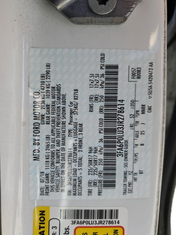 2018 Ford Fusion Se Hybrid VIN: 3FA6P0LU3JR278614 Lot: 54038935