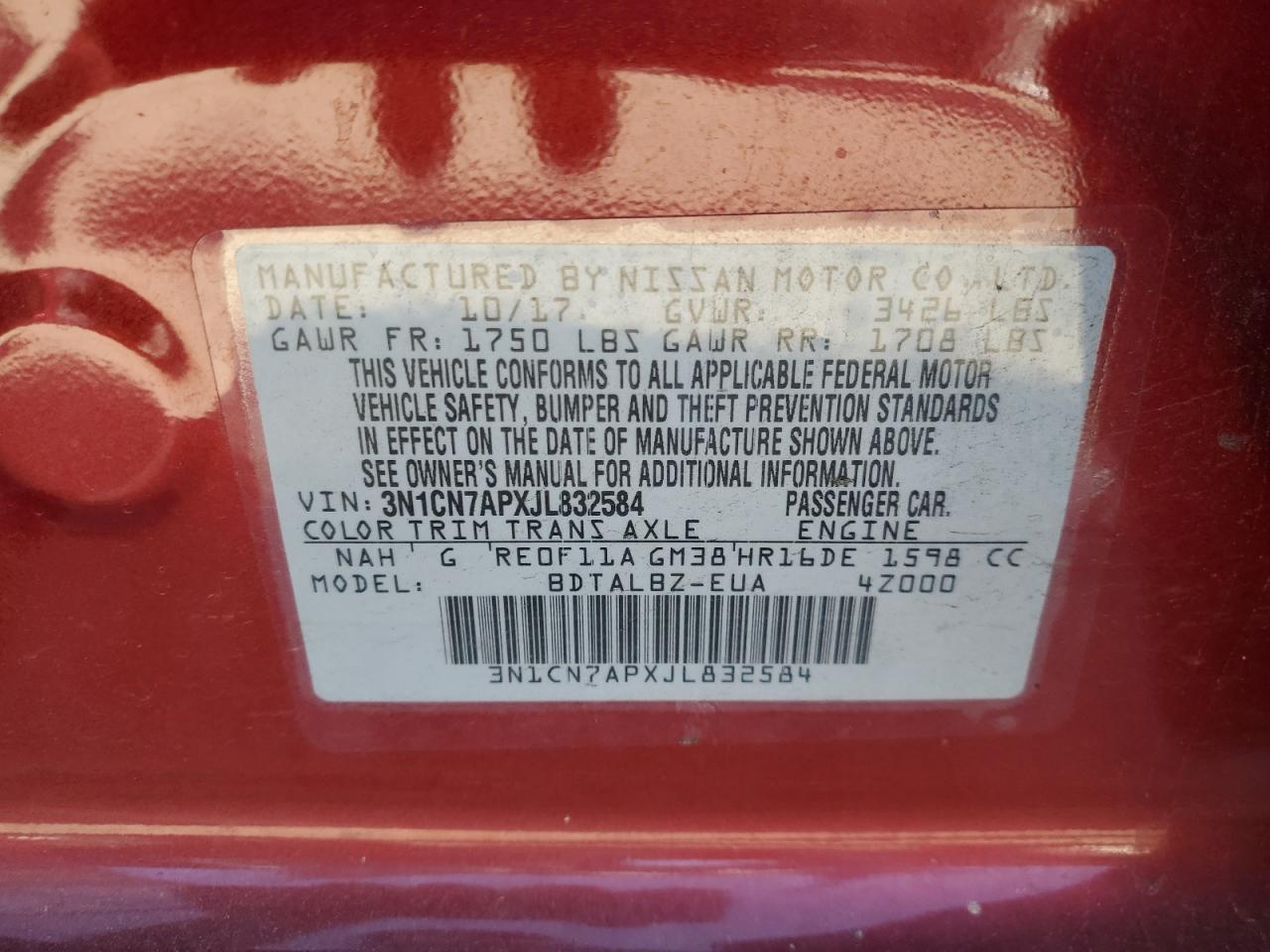 2018 Nissan Versa S VIN: 3N1CN7APXJL832584 Lot: 54350215