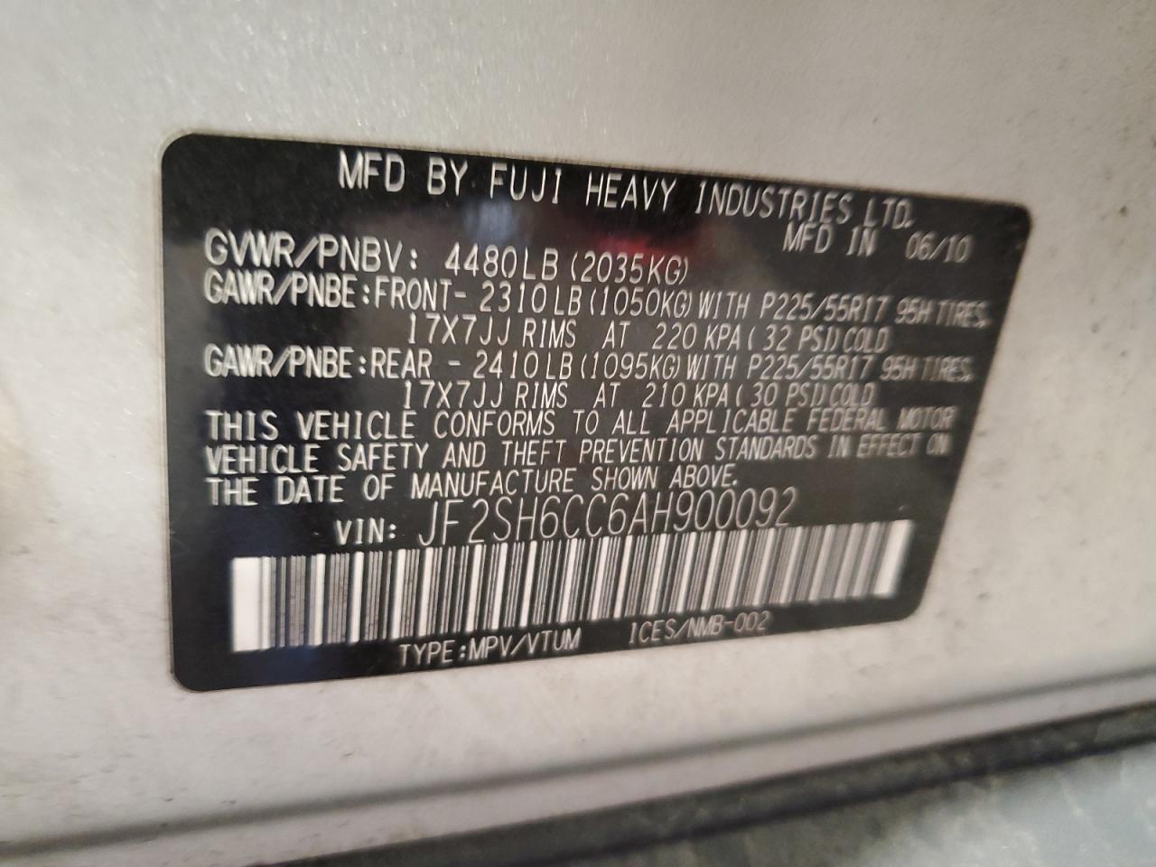 2010 Subaru Forester 2.5X Premium VIN: JF2SH6CC6AH900092 Lot: 53939255
