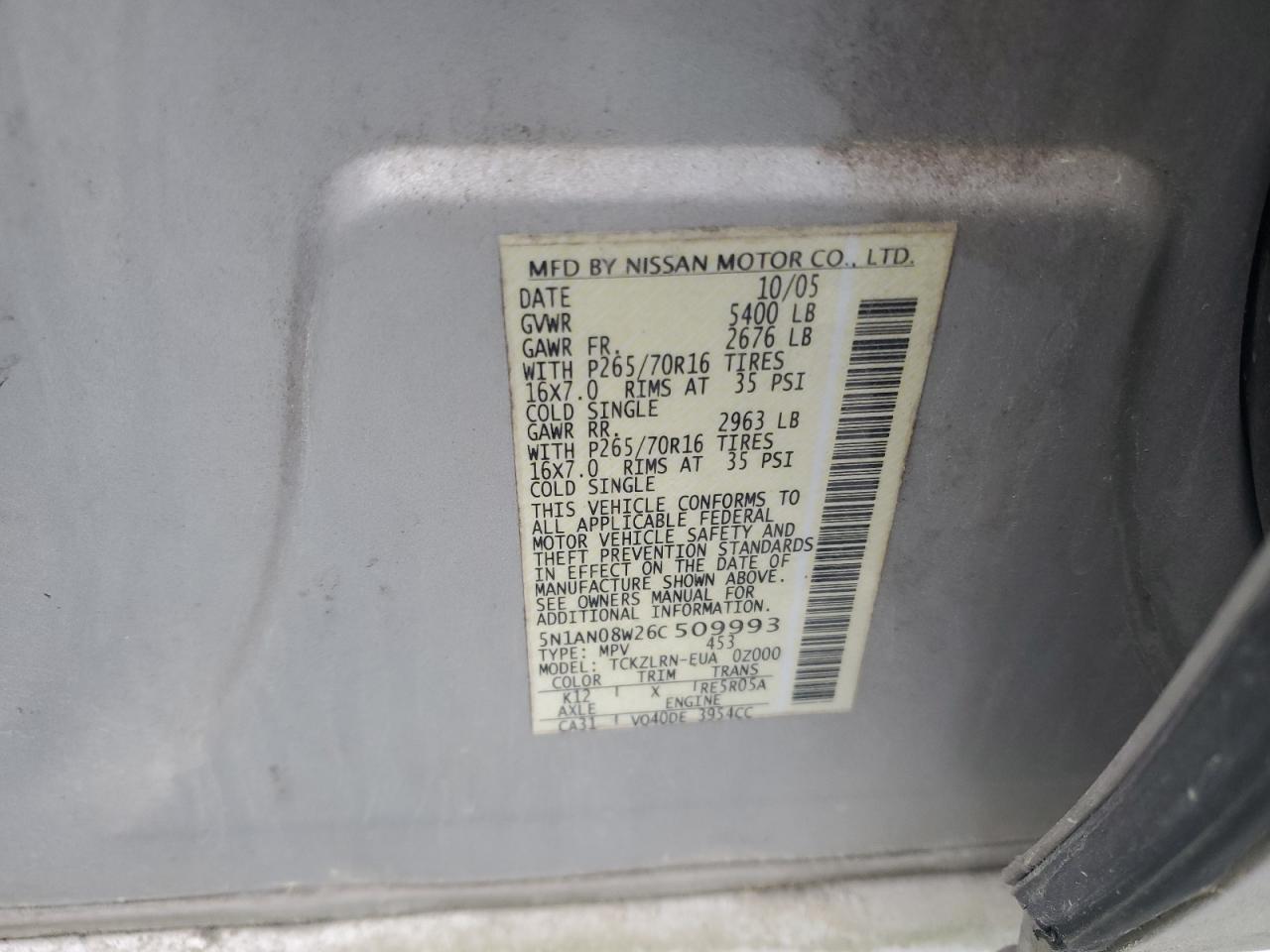 2006 Nissan Xterra Off Road VIN: 5N1AN08W26C509993 Lot: 51975285