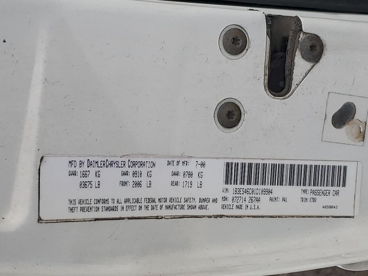 2001 Dodge Neon Se VIN: 1B3ES46C01D109904 Lot: 51752865