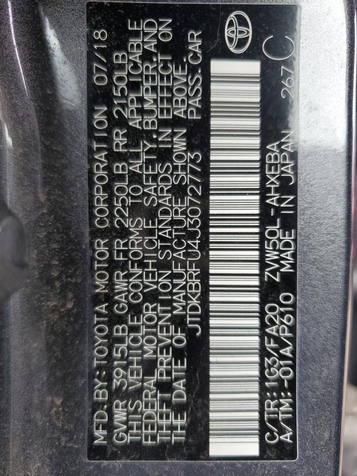 2018 Toyota Prius VIN: JTDKBRFU4J3072773 Lot: 54428455