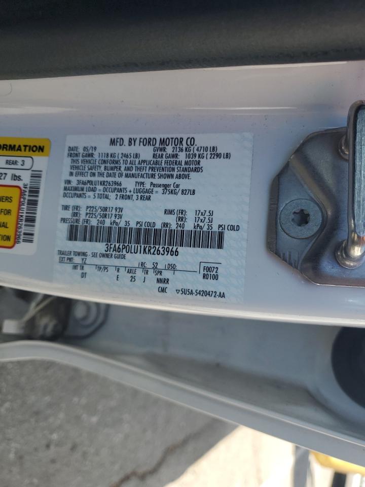 2019 Ford Fusion Se VIN: 3FA6P0LU1KR263966 Lot: 54038215