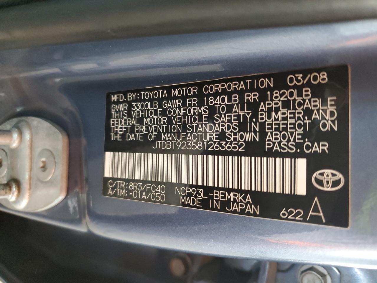 2008 Toyota Yaris VIN: JTDBT923581263652 Lot: 53272385