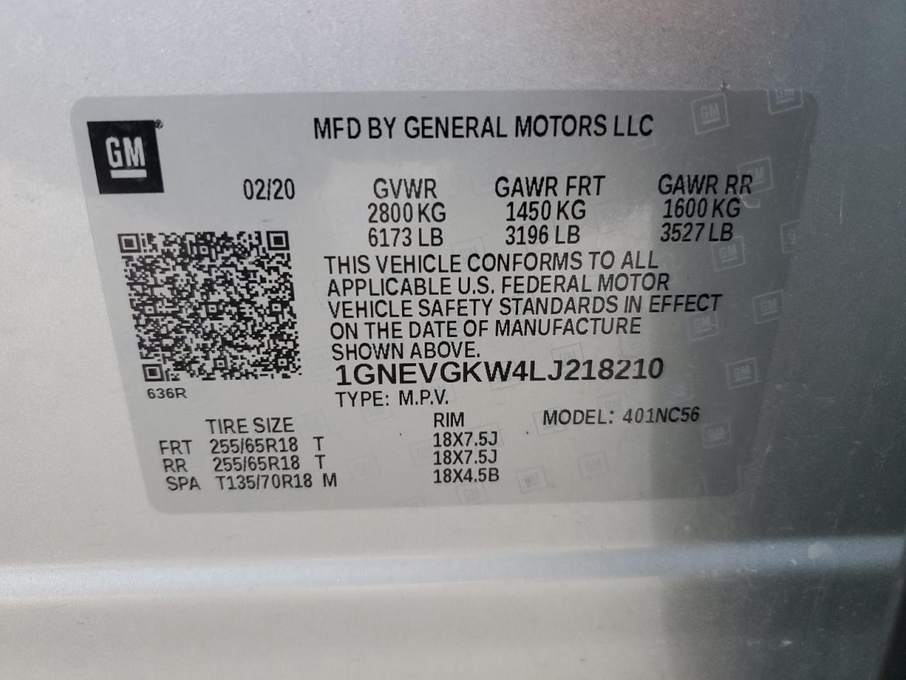 2020 Chevrolet Traverse Lt VIN: 1GNEVGKW4LJ218210 Lot: 53721545