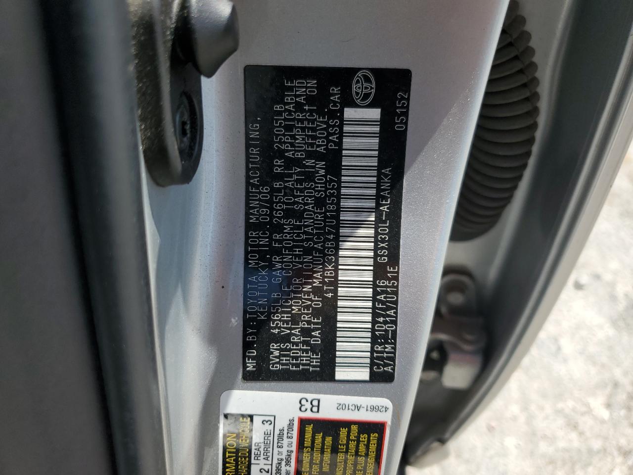 2007 Toyota Avalon Xl VIN: 4T1BK36B47U185357 Lot: 54566615