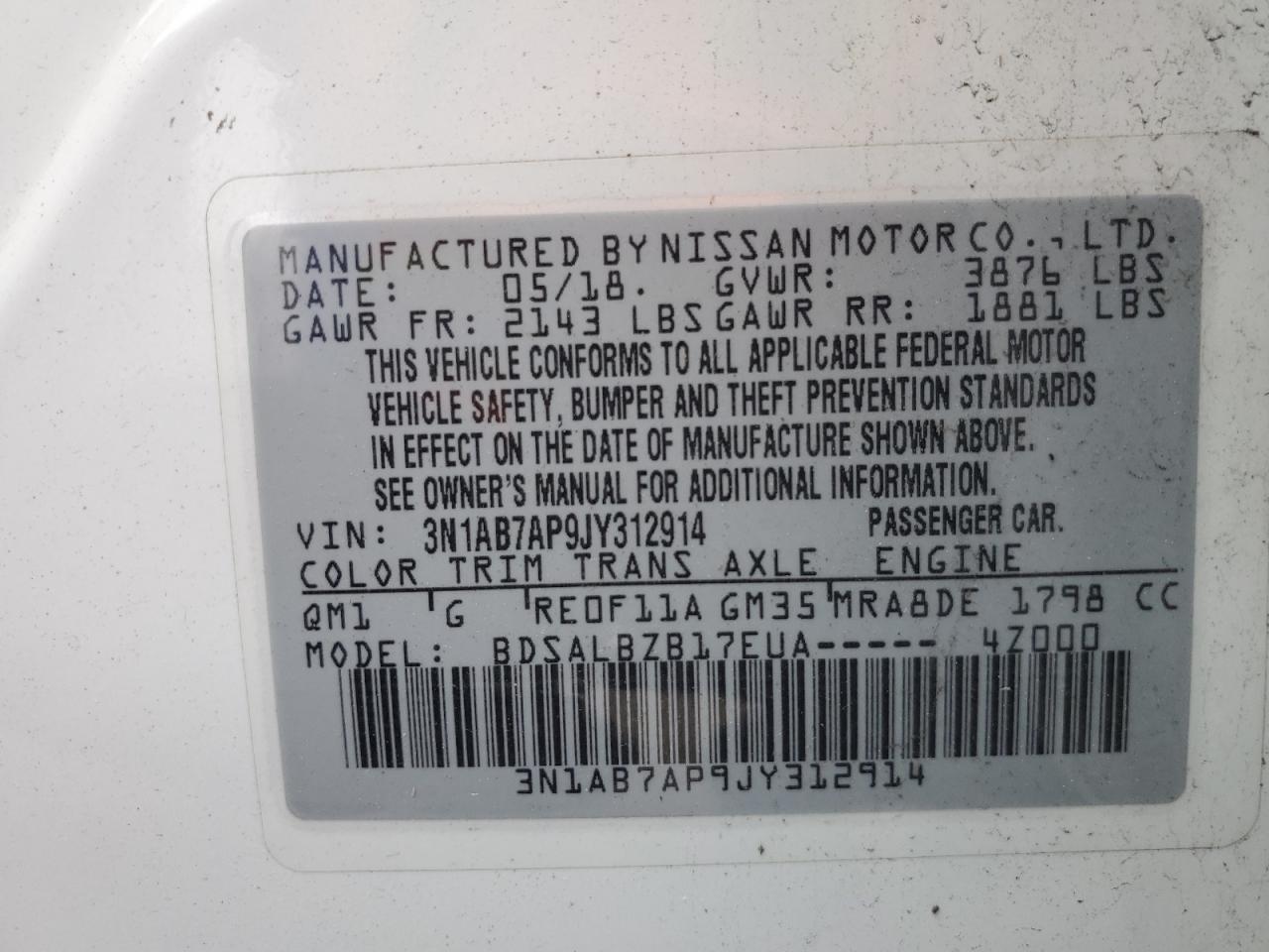 3n1ab7ap9jy312914 3N1AB7AP9JY312914 2018 Nissan Sentra S