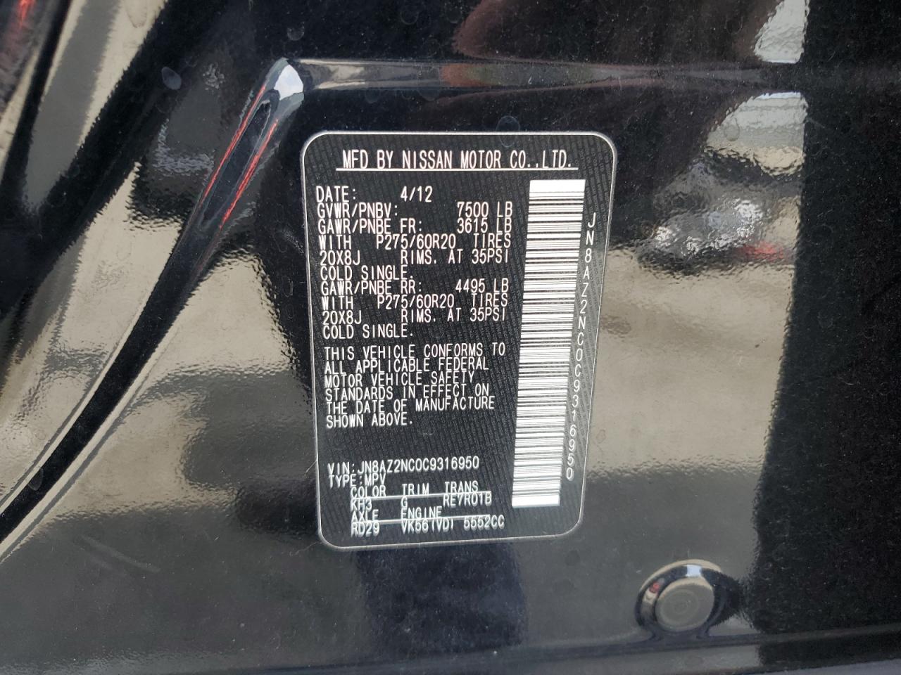2012 Infiniti Qx56 VIN: JN8AZ2NC0C9316950 Lot: 52048255