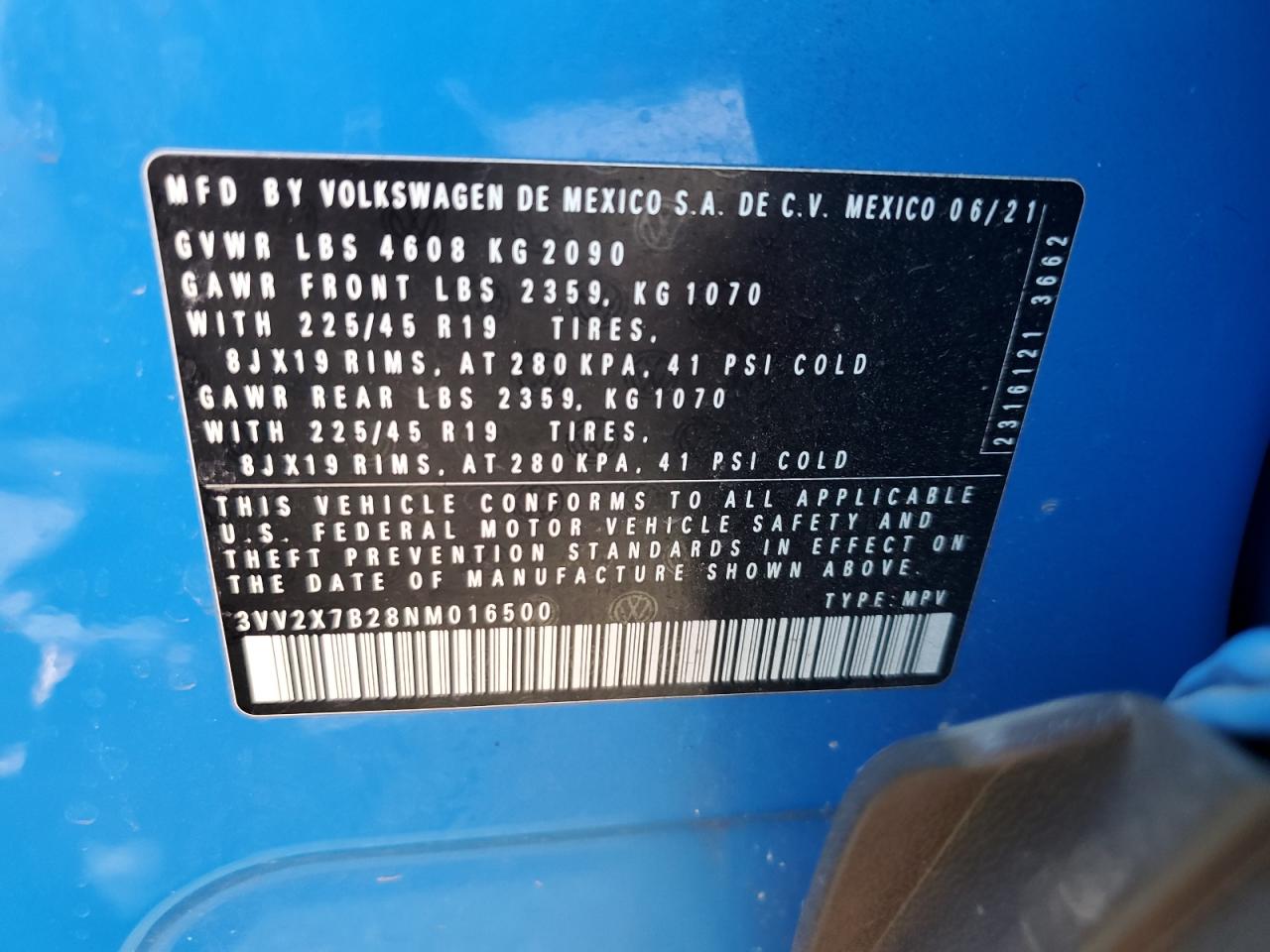 2022 Volkswagen Taos Sel VIN: 3VV2X7B28NM016500 Lot: 54255815