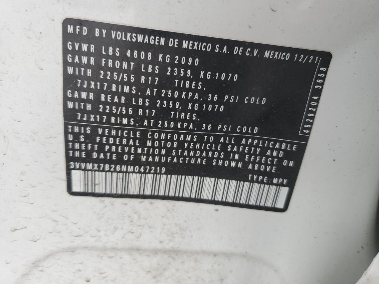 2022 Volkswagen Taos S VIN: 3VVMX7B26NM047219 Lot: 54140495