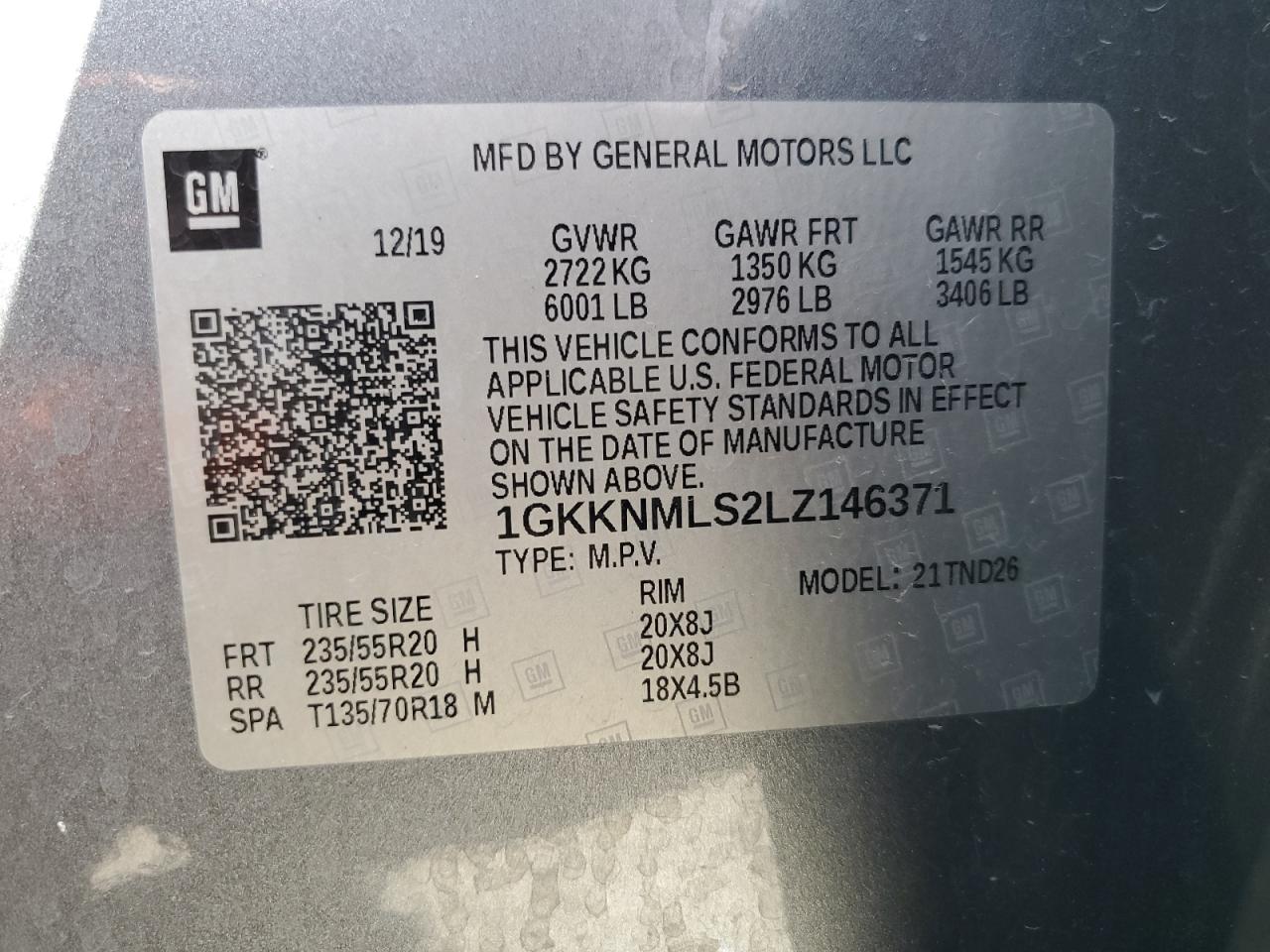 2020 GMC Acadia Slt VIN: 1GKKNMLS2LZ146371 Lot: 53946185