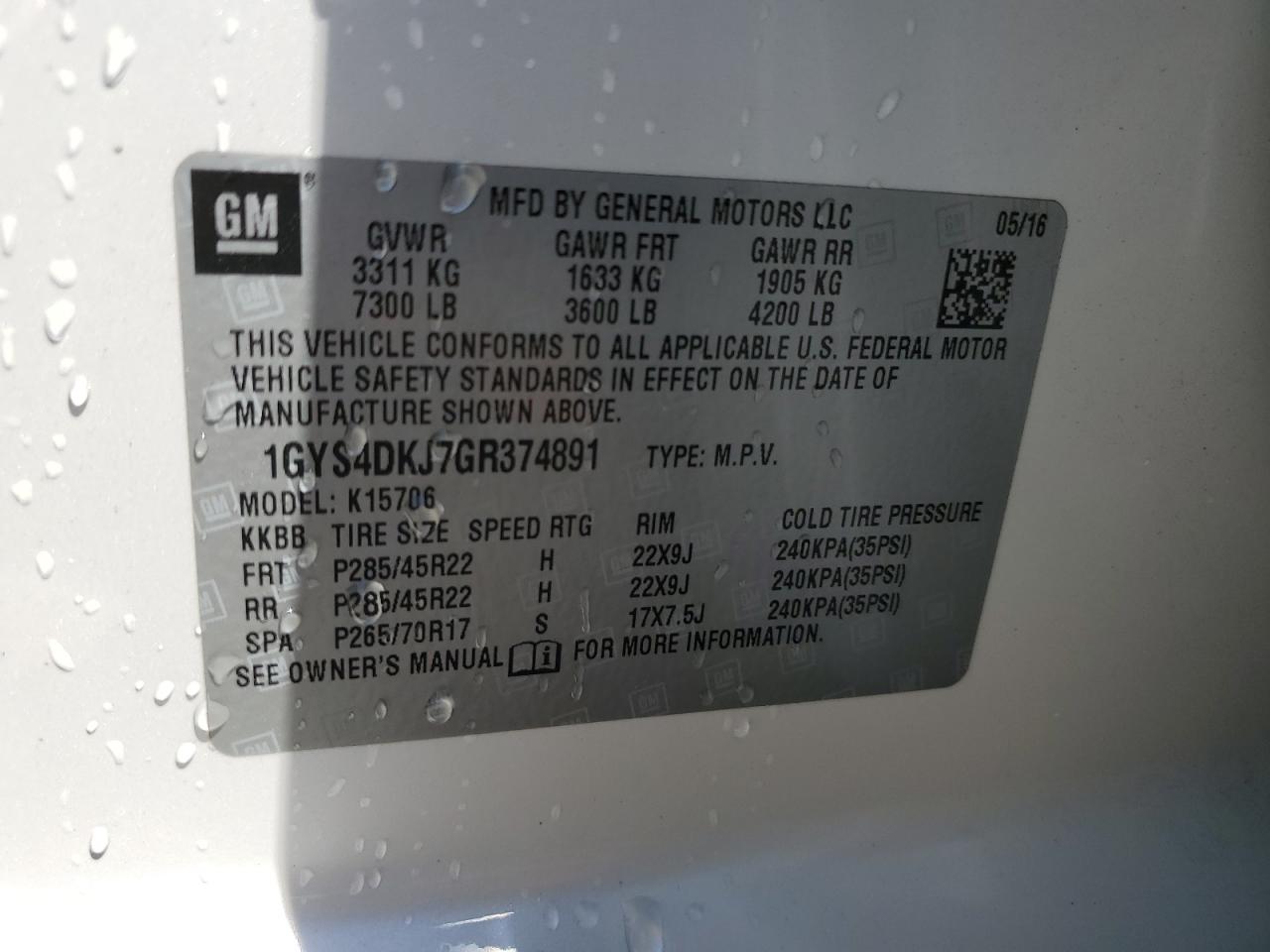 2016 Cadillac Escalade Platinum VIN: 1GYS4DKJ7GR374891 Lot: 50963745