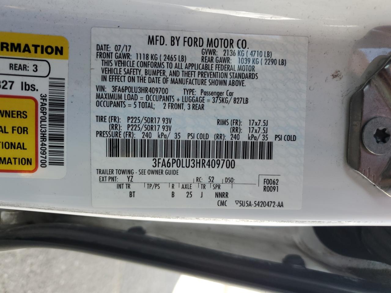 2017 Ford Fusion Se Hybrid VIN: 3FA6P0LU3HR409700 Lot: 54038165