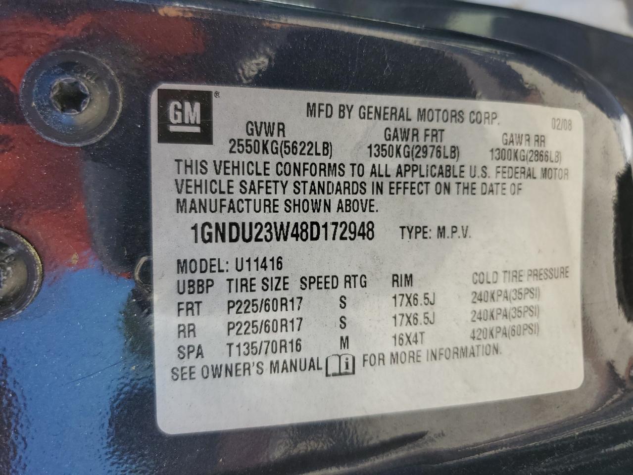 2008 Chevrolet Uplander Ls VIN: 1GNDU23W48D172948 Lot: 54916025