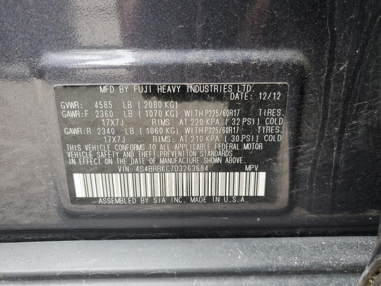 2013 Subaru Outback 2.5I Limited VIN: 4S4BRBKC7D3263684 Lot: 54589305