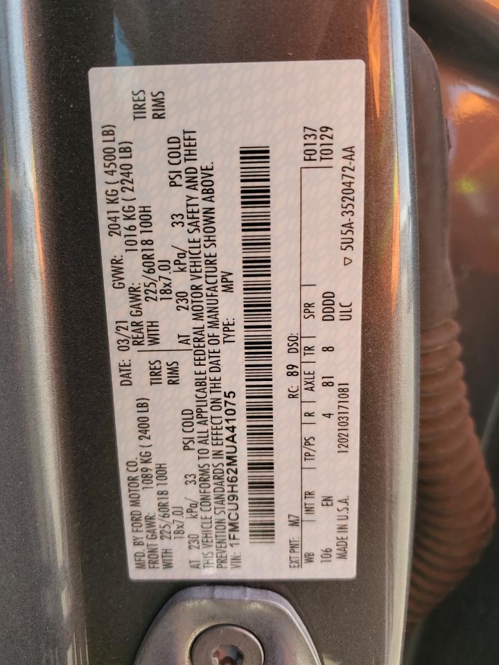 2021 Ford Escape Sel VIN: 1FMCU9H62MUA41075 Lot: 53243335