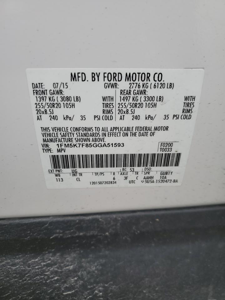 2016 Ford Explorer Limited VIN: 1FM5K7F85GGA51593 Lot: 52500235