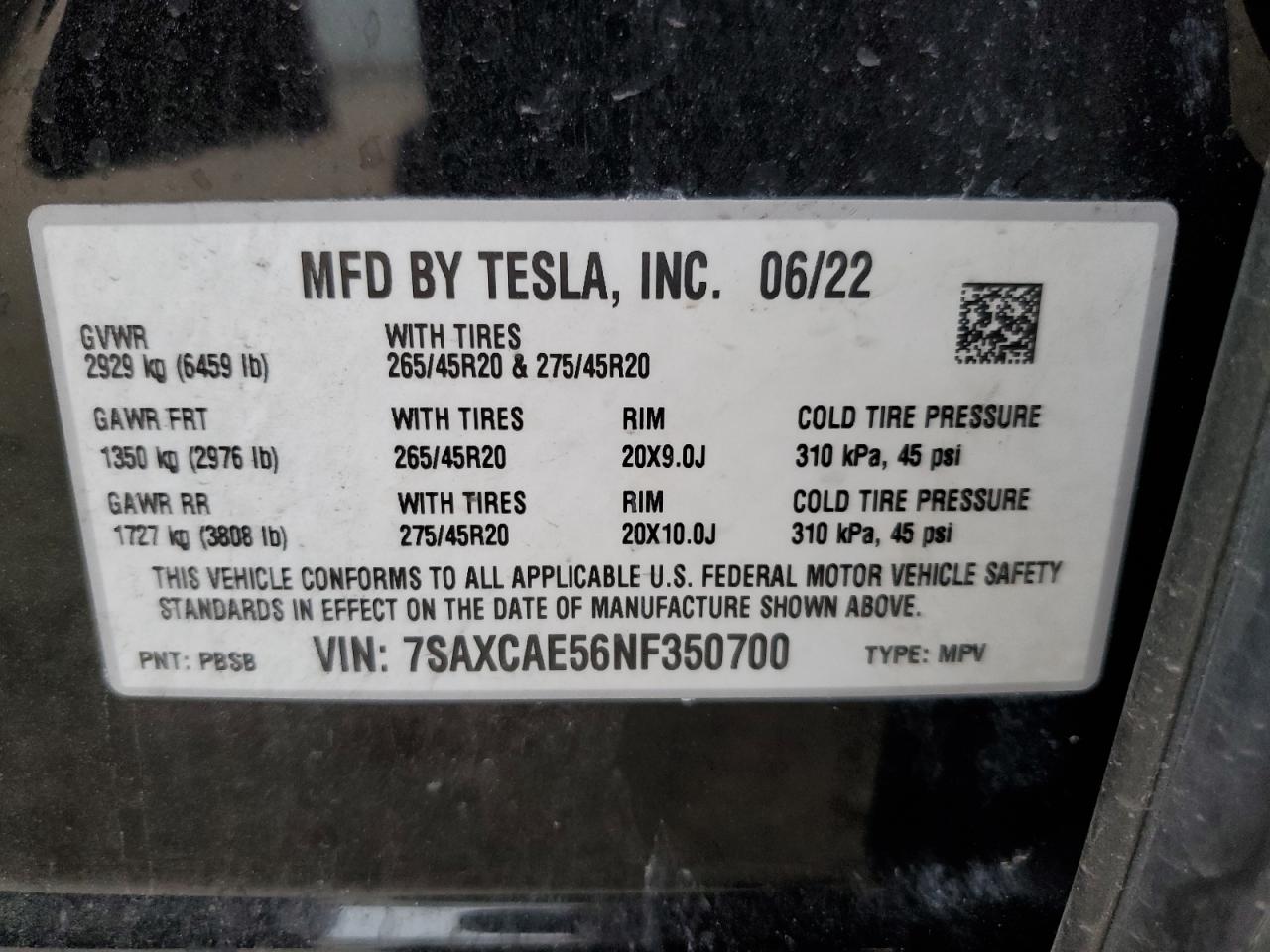 2022 Tesla Model X VIN: 7SAXCAE56NF350700 Lot: 53071665