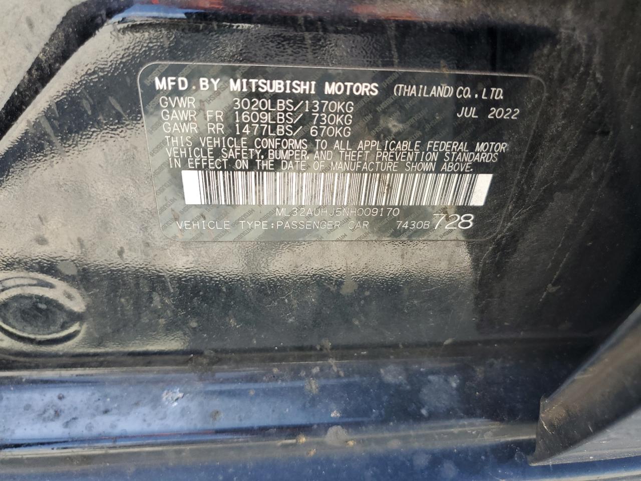 2022 Mitsubishi Mirage Es VIN: ML32AUHJ5NH009170 Lot: 54582395