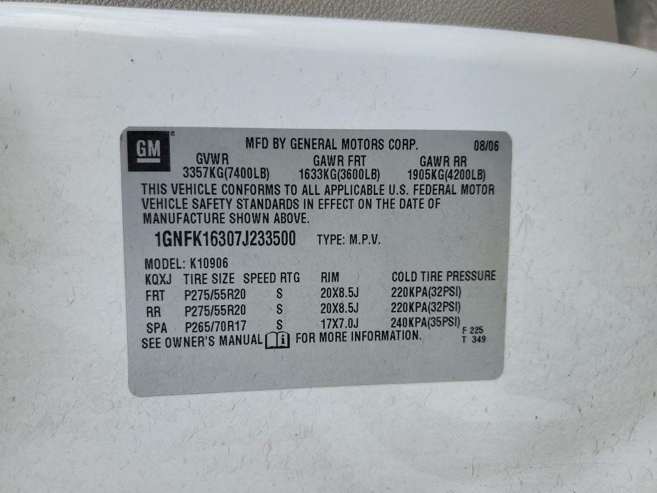 2007 Chevrolet Suburban K1500 VIN: 1GNFK16307J233500 Lot: 51330425