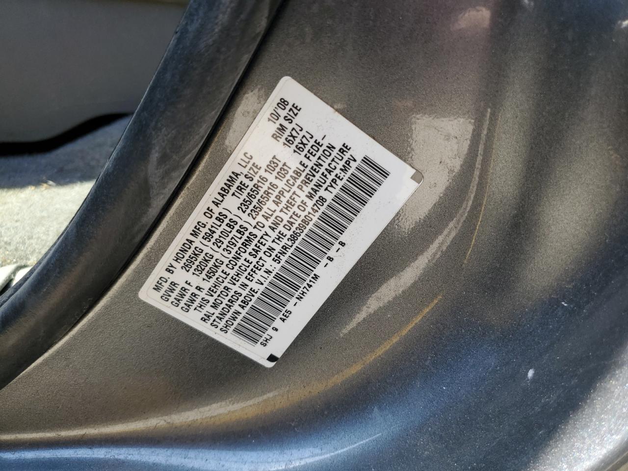 2009 Honda Odyssey Exl VIN: 5FNRL38639B014708 Lot: 51912015