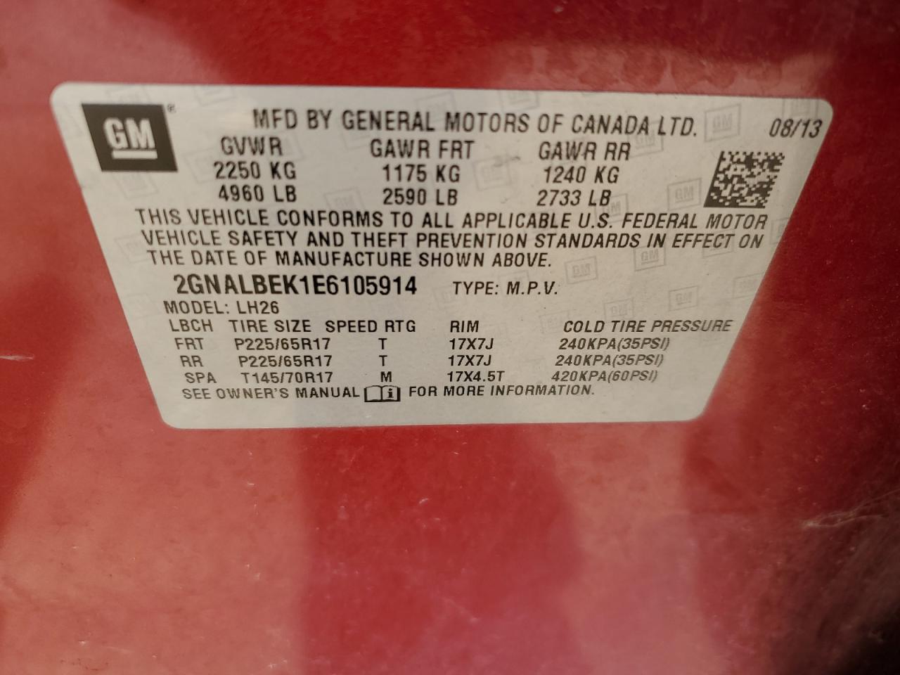 2014 Chevrolet Equinox Lt VIN: 2GNALBEK1E6105914 Lot: 52544275