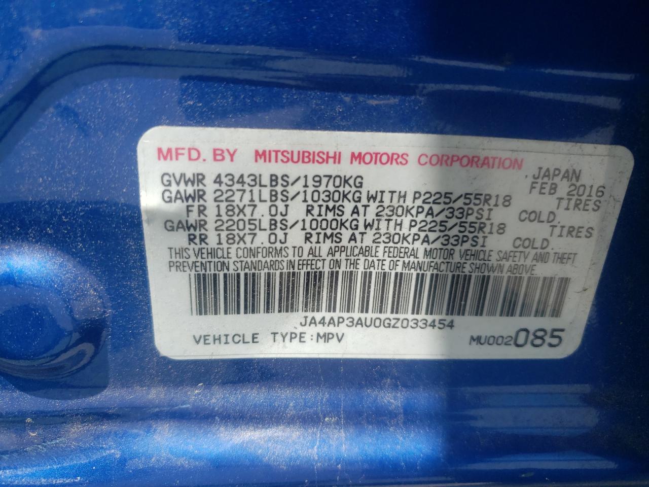 2016 Mitsubishi Outlander Sport Es VIN: JA4AP3AU0GZ033454 Lot: 54846905