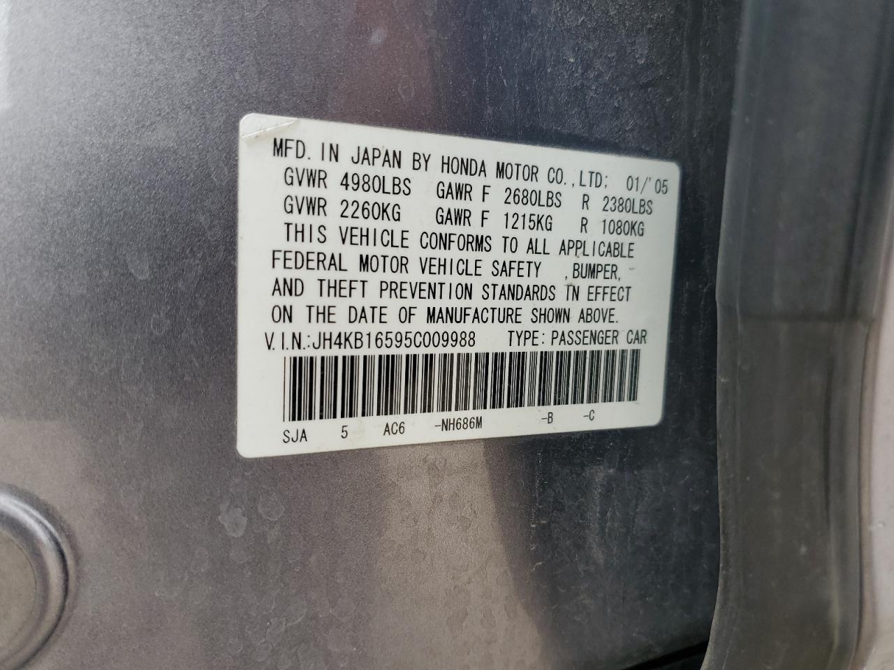 2005 Acura Rl VIN: JH4KB16595C009988 Lot: 54700185