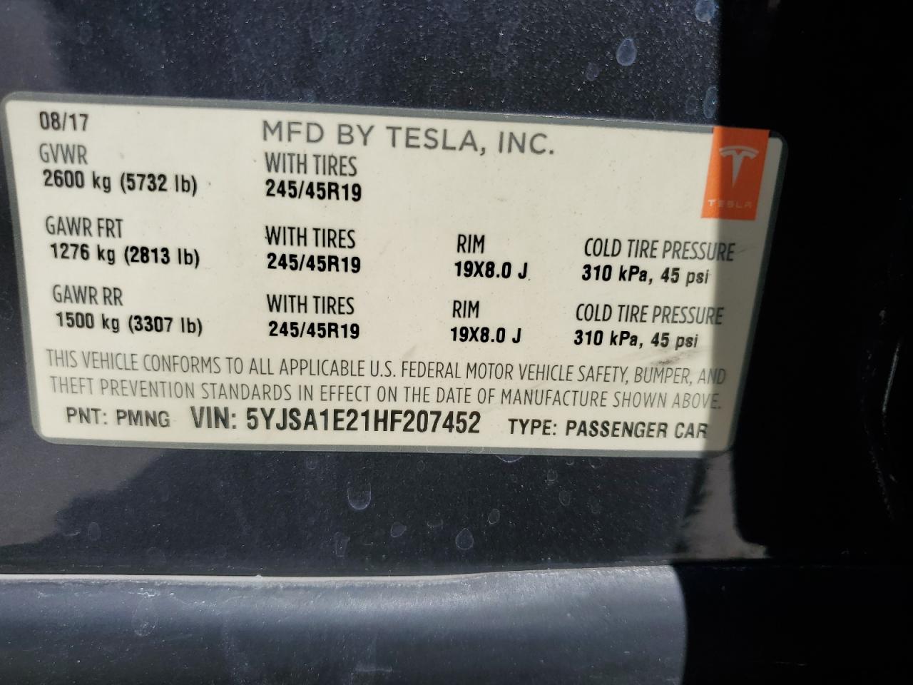 2017 Tesla Model S VIN: 5YJSA1E21HF207452 Lot: 52406355