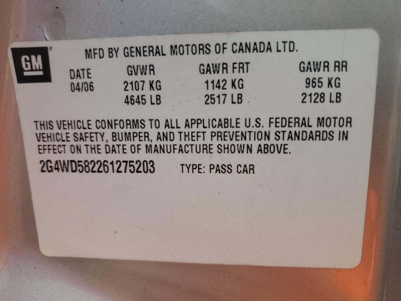 2006 Buick Lacrosse Cxl VIN: 2G4WD582261275203 Lot: 52738365