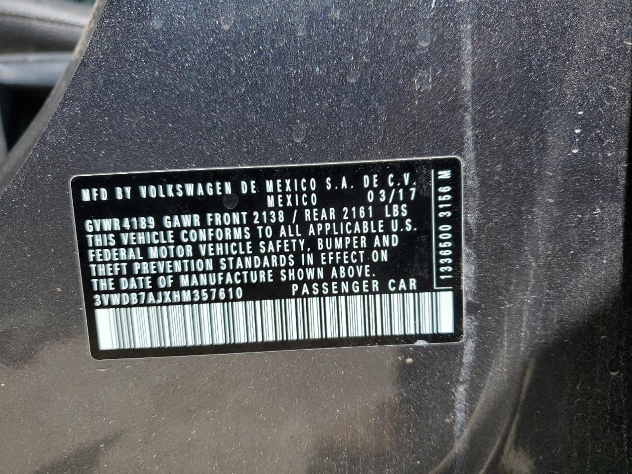 2017 Volkswagen Jetta Se VIN: 3VWDB7AJXHM357610 Lot: 53986805