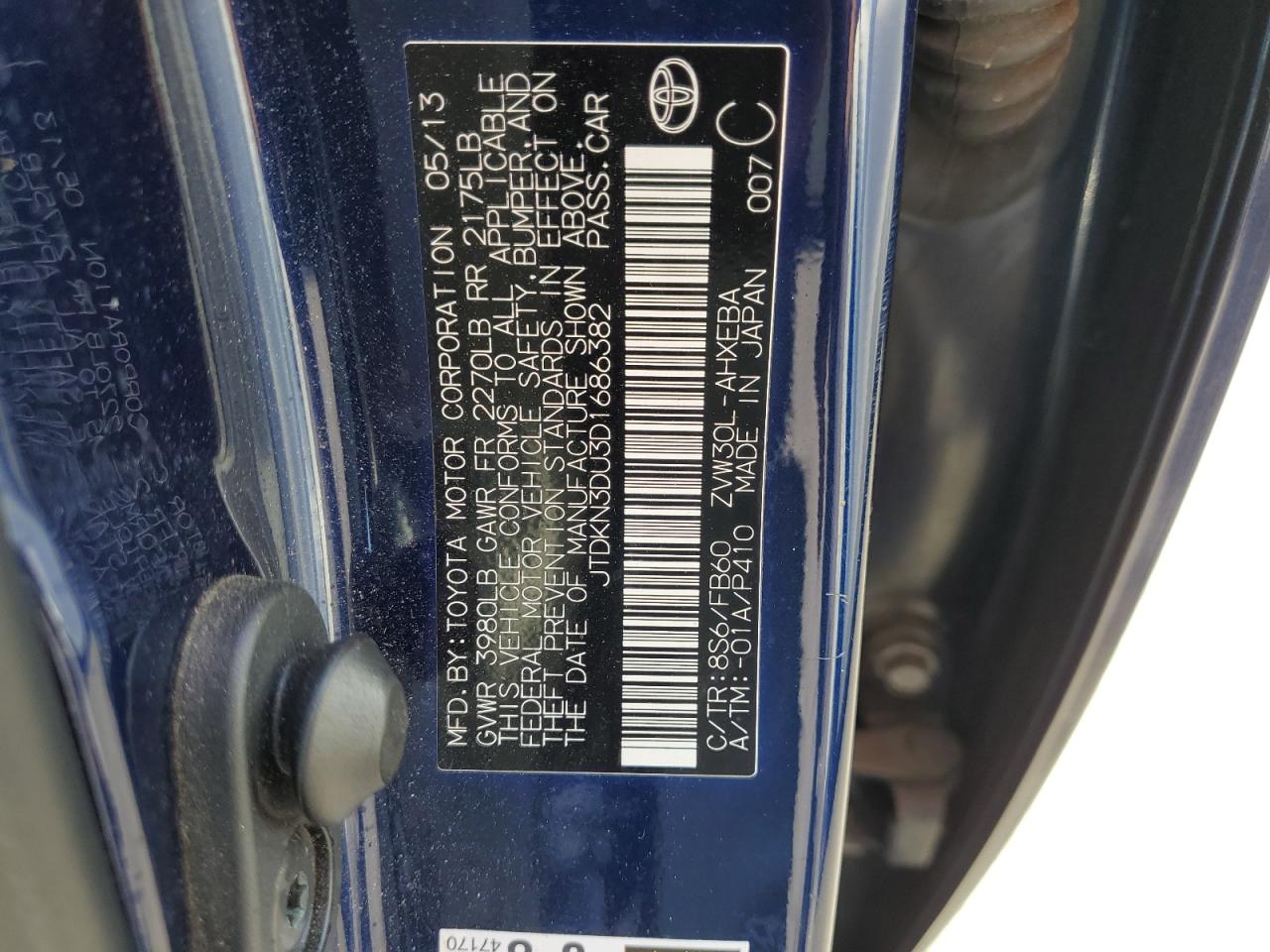 2013 Toyota Prius VIN: JTDKN3DU3D1686382 Lot: 54352695