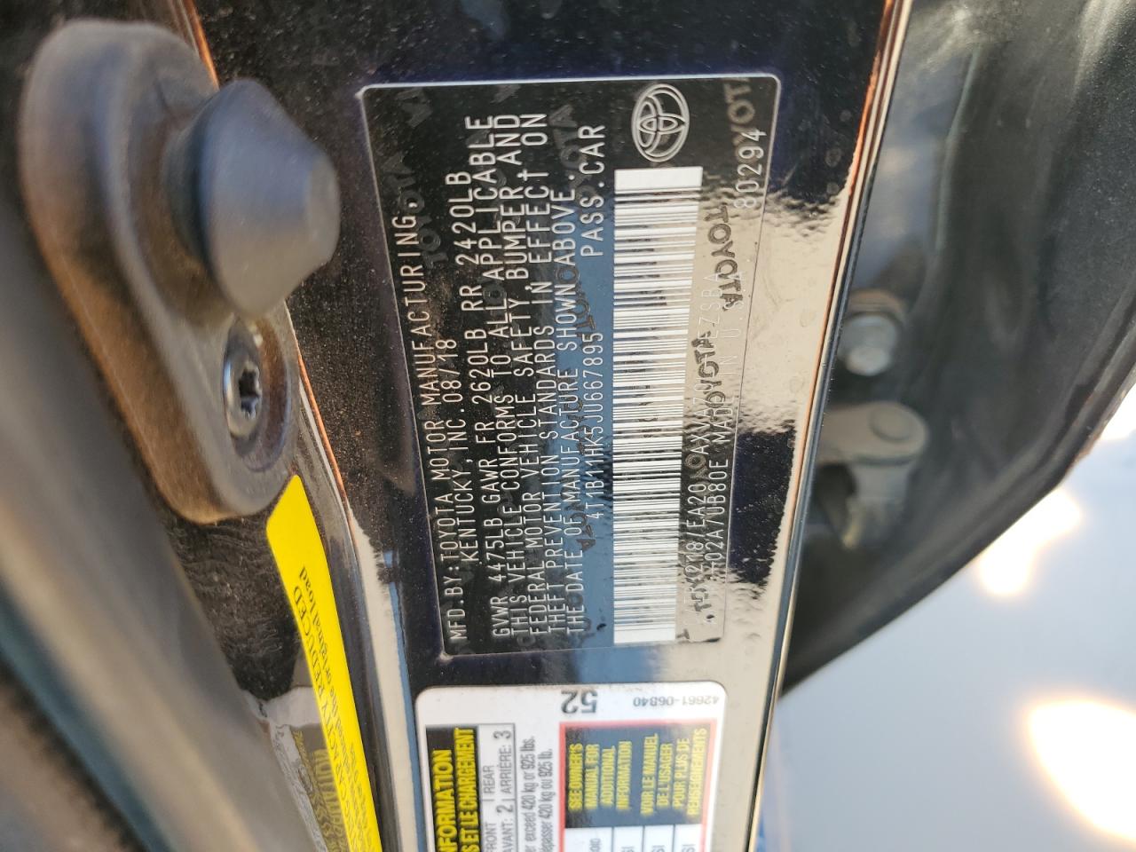 2018 Toyota Camry L VIN: 4T1B11HK5JU667895 Lot: 52179325