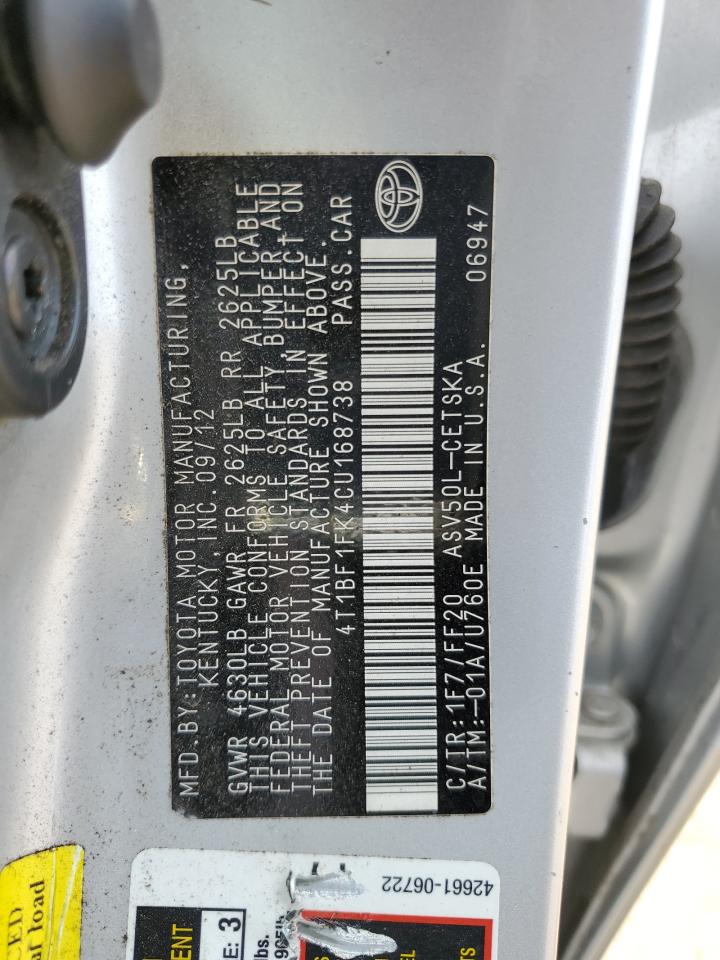 2012 Toyota Camry Base VIN: 4T1BF1FK4CU168738 Lot: 54687595