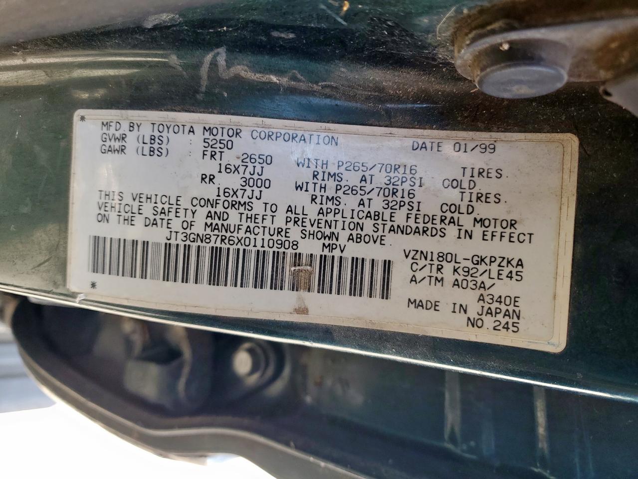 1999 Toyota 4Runner Limited VIN: JT3GN87R6X0110908 Lot: 52067035